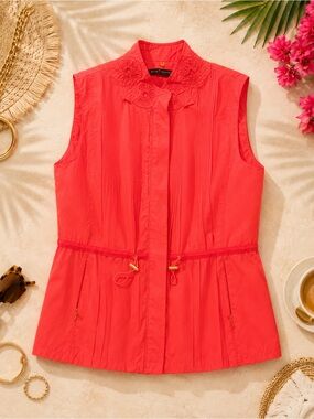 Elie Tahari Bright Red Coral Rosette Collar Utility Vest S/P NWOT
